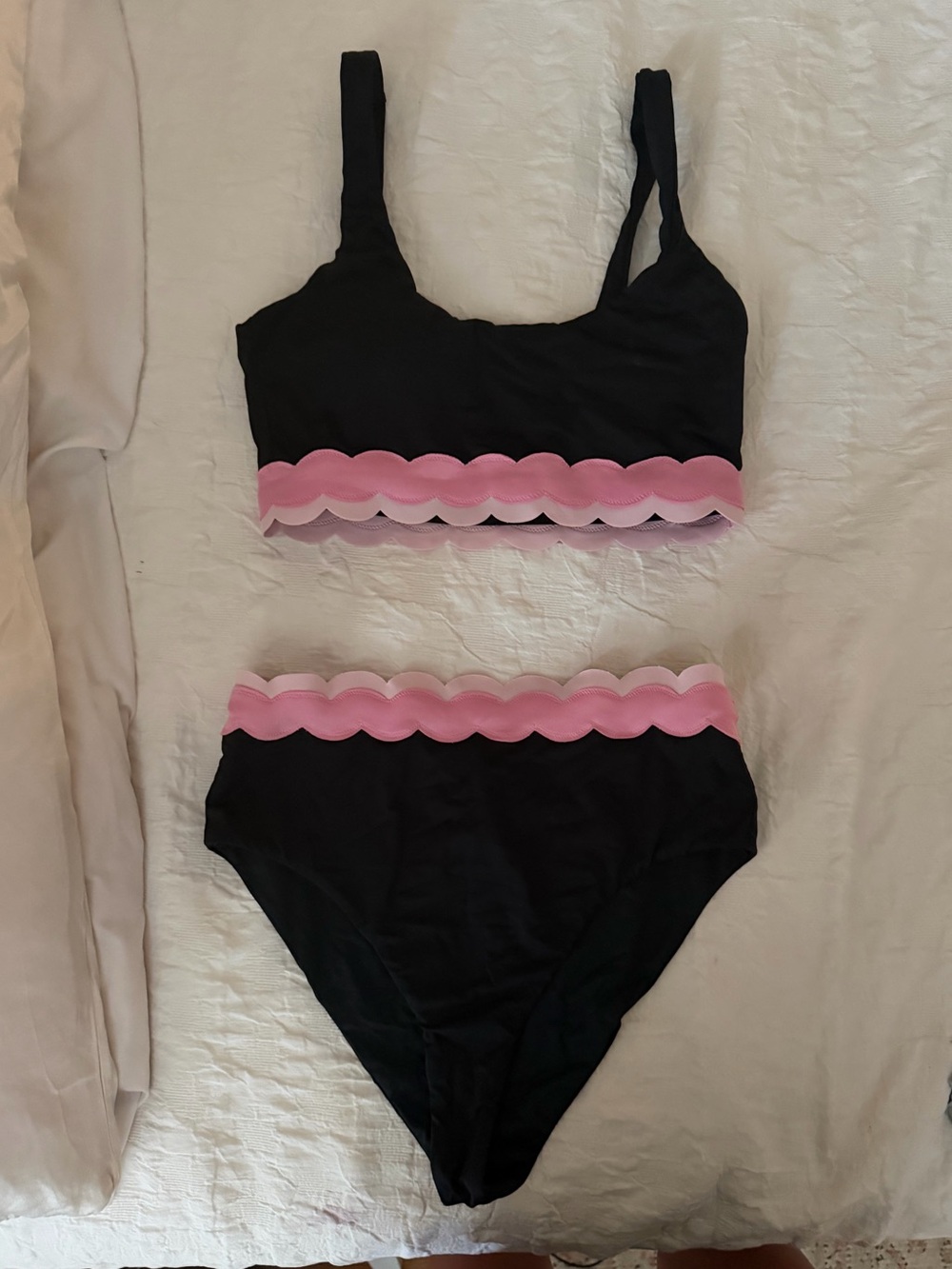 Beach Riot Black Bikini Set with Pink Scalloped Trim size medium